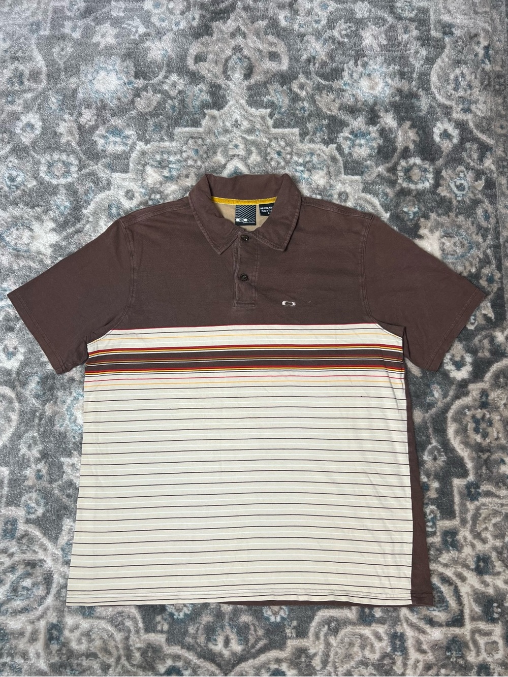 Summer Style Oakley Brown & Cream Striped Polo with Multicolor Chest Band